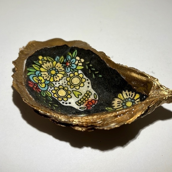 Handmade Oyster Art Shell Trinket Vanity Ring Dish sugar skull - Picture 5 of 5